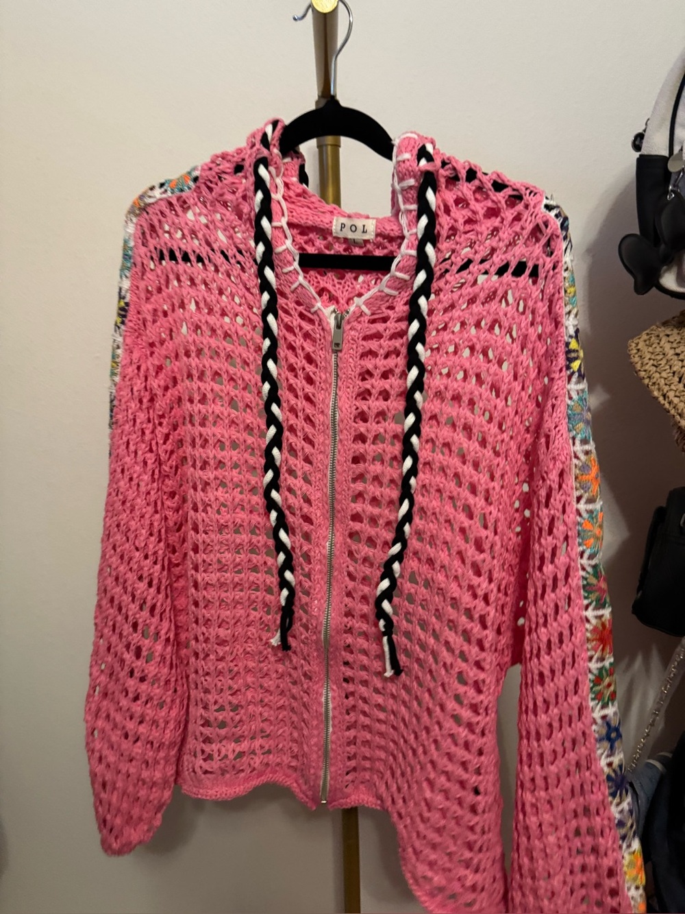 POL Pink Crochet Zip Hoodie with Braided Drawstrings